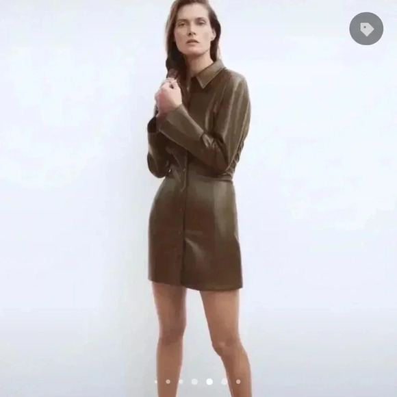 Zara Faux Leather Bodycon Long Sleeve Dress Front Buttons Sz XS In Brown - Picture 2 of 13